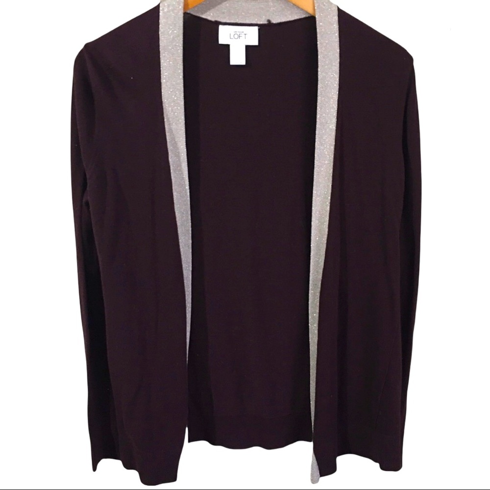 Ann Taylor LOFT Women’s Burgundy and Metallic Silver Trim Open Front Cardigan S